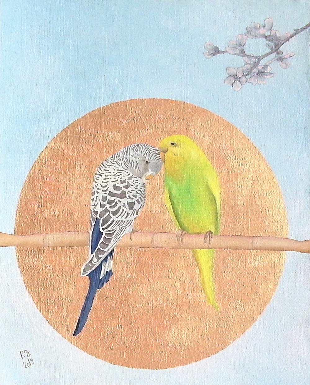 “Parakeets-And-Almond-Blossoms” - huile et acrylique - série "Animals" - 2019